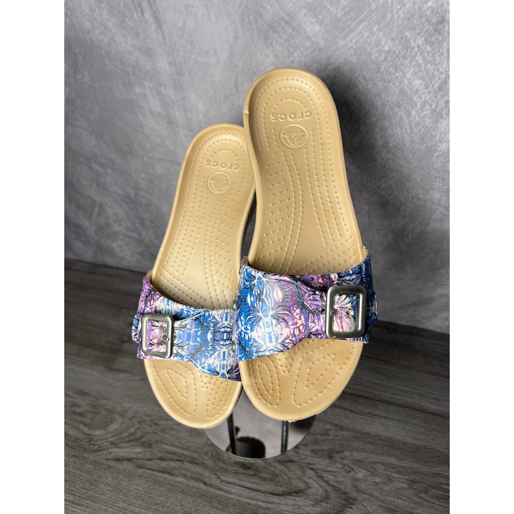 Crocs Sarah Floral Buckle Slide Sandals Blue & Purple Women's W9